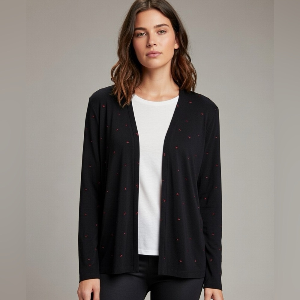 Ming Wang Toula Black Knit Cardigan Sweater with Red Embroidered Dots Size S